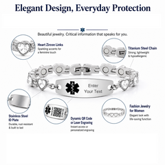 Women’s Medical ID Bracelet with Heart Shaped Zircon Link Chain, Adjustable Stainless Steel Emergency Alert Bracelet, Personalized Engraved Health Info Jewelry for Daily Wear