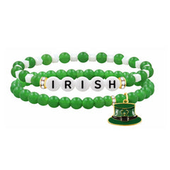 Uloveido St Patricks Day Green Beaded Bracelet for Women Girls, LUCKY IRISH BLESS Letter Options, Stretch Shamrock Leprechaun Hat Charm Bracelet
