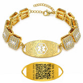 Rhinestone Medical ID Bracelet for Women, Luxury Square Link Chain Bracelet with Stainless Steel ID Plate, Custom Engraving or QR Code Emergency Information Jewelry, Adjustable Safety Bracelet