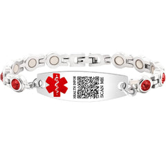 Uloveido Editable QR Code Medical Alert Bracelet for Women, Stainless Steel with Red Cubic Zirconia, Magnetic Link Bracelet with Adjustable Clasp
