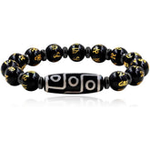 Nine Eyes Dzi Bead Bracelet with Tibetan Mantra Beads, Elastic Buddhist Beaded Bracelet for Men & Women, Green Red Brown Stone Stretch Bracelet for Meditation and Daily Wear