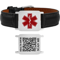 Uloveido Dynamic QR Code Medical Alert Bracelet for Men & Women, Genuine Leather Adjustable Medical ID Bracelet with Stainless Steel Plate