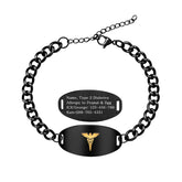 Stainless Steel Medical Alert Bracelet with Golden Caduceus Symbol Men Women | Laser Engraved or Dynamic QR Code Medical ID Bracelet | Adjustable Chain Emergency Contact Allergy ID Jewelry Black White