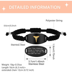 Uloveido Handwoven Medical Alert Bracelet with Dynamic QR Code or Laser Engraving Stainless Steel ID Plate Floating Gold Caduceus Adjustable Stretch B