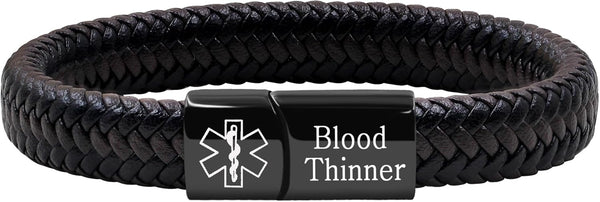 Medical Alert Cuff Bracelet for Men and Women, Black Stainless Steel Clasp Emergency ID Wristband, PU Leather Health Information Band YA5551