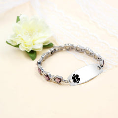 Custom Engraved Medical ID Bracelet | Stainless Steel Adjustable Heart Link with Blue/White/Multi/Purple Cubic Zirconia | Emergency Medical Alert Healthcare Accessory 17cm with Health Card