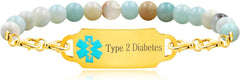 Uloveido Exquisite Elastic Alert Bracelet for Women, Custom Medical ID Bracelet with Stainless Steel Tag & 6mm Natural Amazon Stone Chain