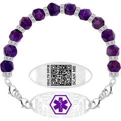 Uloveido Dynamic QR Code Medical Alert Bracelet for Women, Faceted Purple Crystal Beads Medical ID Bracelet, Scan to Edit Health Info