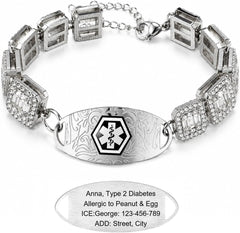 Rhinestone Medical ID Bracelet for Women, Luxury Square Link Chain Bracelet with Stainless Steel ID Plate, Custom Engraving or QR Code Emergency Information Jewelry, Adjustable Safety Bracelet