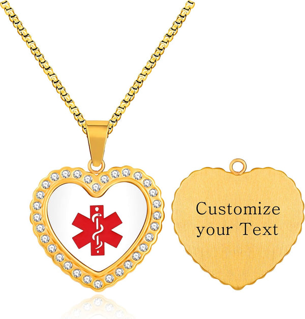 Custom Engraved Medical Alert Necklace Heart Pendant Stainless Steel Gold Plated Personalized Engraved Jewelry for Women