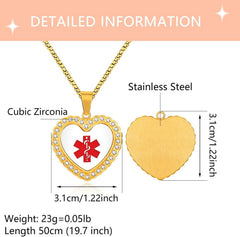 Custom Engraved Medical Alert Necklace Heart Pendant Stainless Steel Gold Plated Personalized Engraved Jewelry for Women