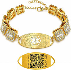 Rhinestone Medical ID Bracelet for Women, Luxury Square Link Chain Bracelet with Stainless Steel ID Plate, Custom Engraving or QR Code Emergency Information Jewelry, Adjustable Safety Bracelet