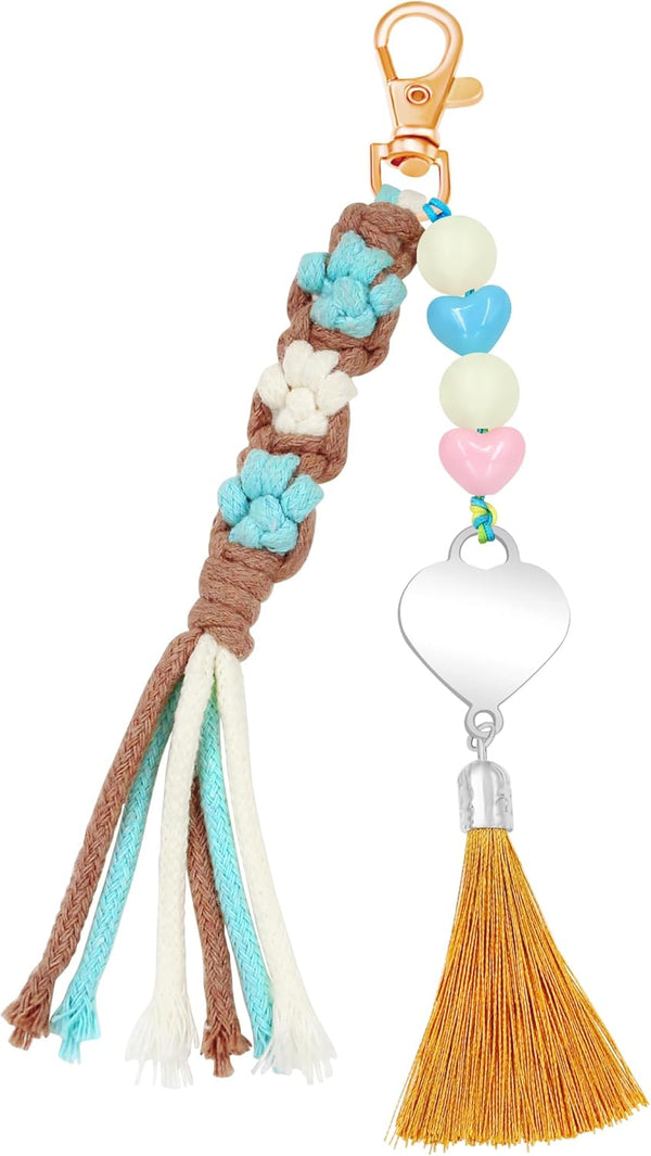 Handmade Flower Tassel Keychain Charm Boho Woven Floral Bag Pendant with Heart Beads for Women
