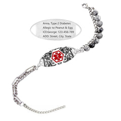Customized Engraving Grey Map Jasper Double-Strand Medical Alert Bracelet | Stainless Steel Interchangeable Lobster Clasp | Caduceus & Star of Life EMS Bracelets for Seniors & Allergies