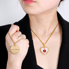 Uloveido Free Engraving Medical Alert Necklace – Heart-Shaped Gold-Plated Pendant with Zircon Accents, Custom Medical ID Jewelry, Allergy