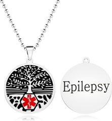 Uloveido Red Medical Symbol ID Necklace, Custom Emergency Info Pendant, Stainless Steel Life Tree Medical Jewelry