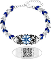 Uloveido Blue & White Leaf CZ Medical Alert Bracelet for Women | Dynamic QR Code or Custom Engraved ID Jewelry | Emergency Contact Allergy Health Info Stainless Steel & Copper Adjustable Wristband