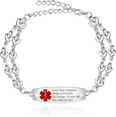 Uloveido Medical Alert Bracelets for Women Men Free Engraving, Personalized Customizable Medical ID Bracelet, Double Chain Heart Wristband YA3985