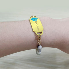 Uloveido Exquisite Elastic Alert Bracelet for Women, Custom Medical ID Bracelet with Stainless Steel Tag & 6mm Natural Amazon Stone Chain