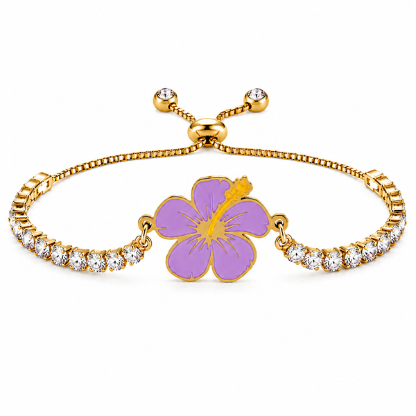 Hibiscus Flower Tennis Bracelet for Women | Gold Plated Stainless Steel Cubic Zirconia Adjustable Slide Clasp Bracelet | Red & Purple Enamel Floral Jewelry Gift