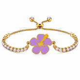 Hibiscus Flower Tennis Bracelet for Women | Gold Plated Stainless Steel Cubic Zirconia Adjustable Slide Clasp Bracelet | Red & Purple Enamel Floral Jewelry Gift