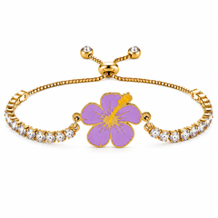 Hibiscus Flower Tennis Bracelet for Women | Gold Plated Stainless Steel Cubic Zirconia Adjustable Slide Clasp Bracelet | Red & Purple Enamel Floral Jewelry Gift