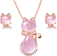 Uloveido Cat Eye Stone Cat Jewelry Set – Necklace & Stud Earrings Jewelry Set for Women
