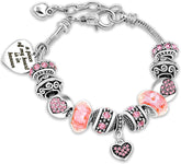 Personalized Pink Charm Bracelet for Women | Laser Engraved Heart Pendant Beaded Bracelet | Custom Name European Style Jewelry Gift for Her