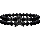 Men’s Elastic Skull Bracelet 2 Piece Set | 8mm Black Obsidian Beaded Skeleton Bracelet | Healing Energy Jewelry Gift for Him