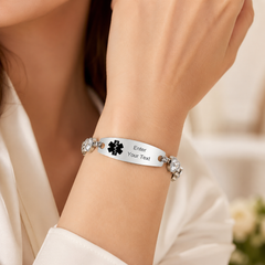 Women’s Medical ID Bracelet with Heart Shaped Zircon Link Chain, Adjustable Stainless Steel Emergency Alert Bracelet, Personalized Engraved Health Info Jewelry for Daily Wear