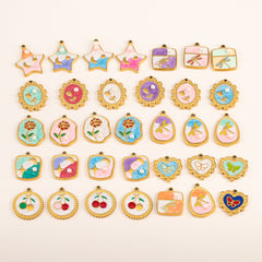 Uloveido Morandi Garden Oil Painting Style Enamel Pendant, 16-20mm Stainless Steel Gold Plated Charms