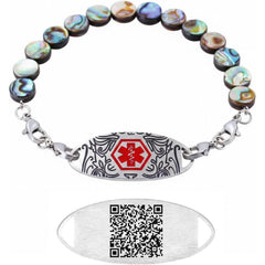 Uloveido Dynamic QR Code Medical Alert Bracelet for Women, Round Abalone Shell Beads & Stainless Steel ID, Scan to Edit Emergency Info