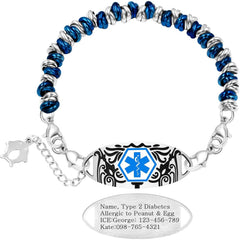 Uloveido Blue & White Circle Style Stainless Steel Medical Alert Bracelet for Women Custom Engraved Medical ID with QR Code