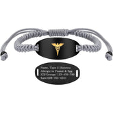 Adjustable Gray Braided Medical Alert Bracelet for Men Women, Dynamic QR Code or Custom Engraved ID Plate, Silver or Black Stainless Steel Emergency Contact Bracelet with Golden Medical Symbol