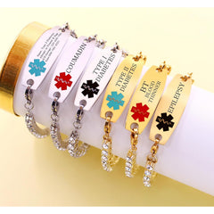 Uloveido Editable QR Code Medical Alert Bracelet, 18K Gold Plated Stainless Steel Rhinestone Emergency ID Bracelet with Red Medical Symbol