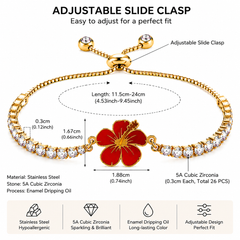 Hibiscus Flower Tennis Bracelet for Women | Gold Plated Stainless Steel Cubic Zirconia Adjustable Slide Clasp Bracelet | Red & Purple Enamel Floral Jewelry Gift
