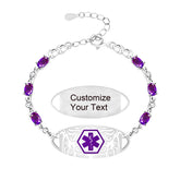 Purple Zirconia Medical Alert Bracelet for Women, Stainless Steel Medical ID Bracelet with Laser Engraved Custom Text, Lightweight Emergency Jewelry for Daily Sports Travel Wear
