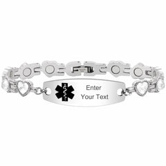 Women’s Medical ID Bracelet with Heart Shaped Zircon Link Chain, Adjustable Stainless Steel Emergency Alert Bracelet, Personalized Engraved Health Info Jewelry for Daily Wear