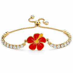 Hibiscus Flower Tennis Bracelet for Women | Gold Plated Stainless Steel Cubic Zirconia Adjustable Slide Clasp Bracelet | Red & Purple Enamel Floral Jewelry Gift