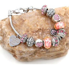 Uloveido Personalized Pink Charm Bracelet for Women, Laser Engraved Heart Pendant Beaded Bracelet, Custom Name European Style Jewelry Gift for Her