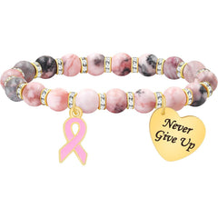 Uloveido Pink Zebra Jasper Breast Cancer Awareness Bracelet – Never Give Up Heart Charm & Pink Ribbon