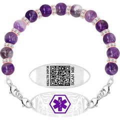 Uloveido QR Code Medical Alert Bracelet for Women, Amethyst Bead Medical ID Bracelet, Stainless Steel Medical Tag, Scan to Edit Emergency Information