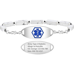 Uloveido Dynamic QR Code Medical Alert Bracelet with Natural Stone Beads, Pink Stone Red Agate Black Agate White Turquoise