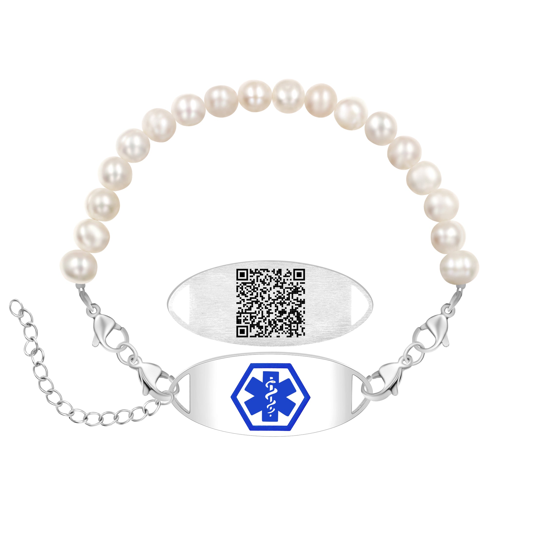 White Freshwater Pearl Double Layer QR Code Medical Alert Bracelet – Blue Medical ID Bracelet with Interchangeable Plate, Dual Lobster Clasp, Editable Dynamic QR Emergency Jewelry for Women YA6293
