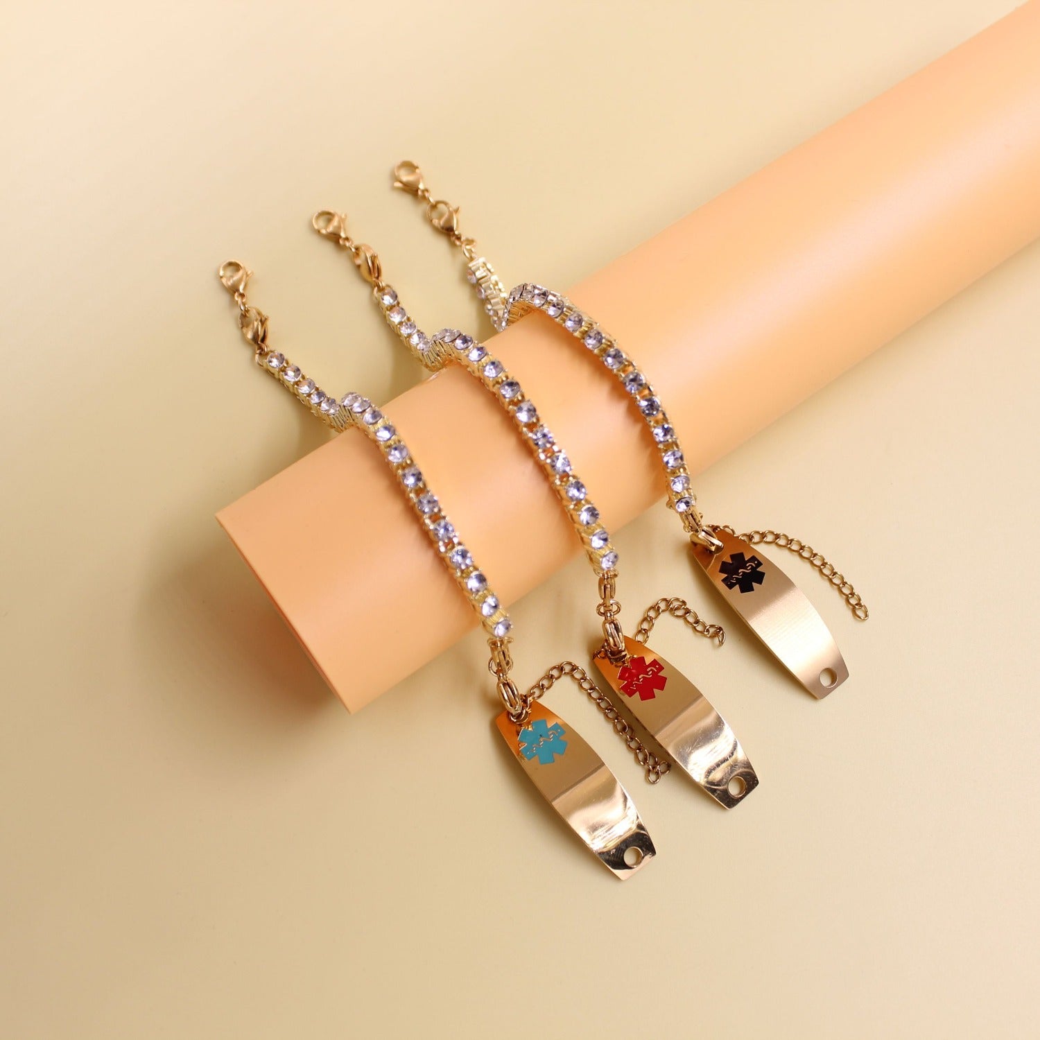 Editable QR Code Medical Alert Bracelet, 18K Gold Plated Stainless Steel Rhinestone Emergency ID Bracelet with Red Medical Symbol, Double Lobster Clasp, Scan to Update Health Info