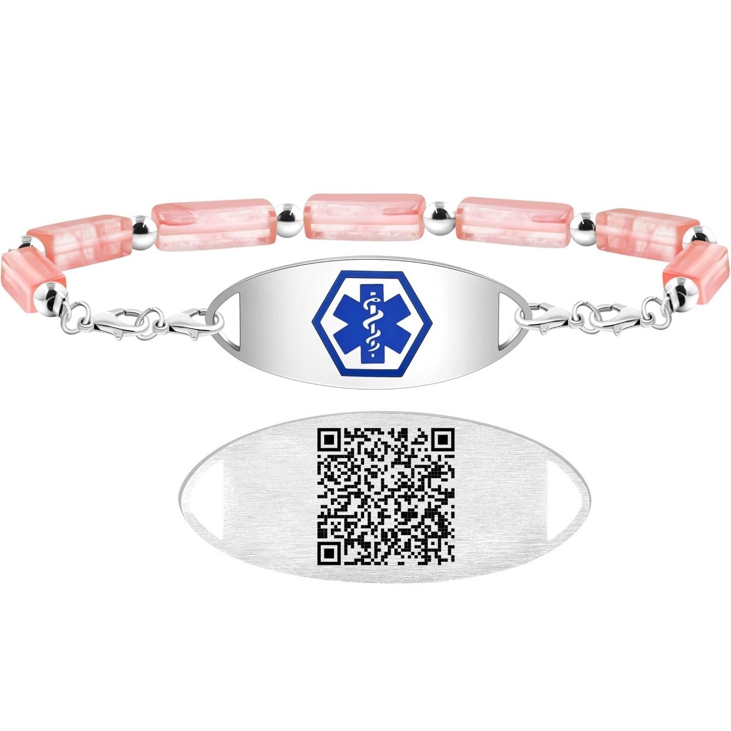 Dynamic QR Code Medical Alert Bracelet with Natural Stone Beads, Pink Stone Red Agate Black Agate White Turquoise, Stainless Steel Medical ID Bracelet, Double Lobster Clasp, No Engraving Required