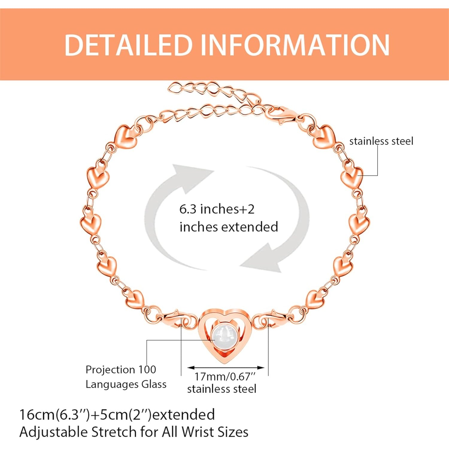 100 Languages Projection Pendant Bracelet | I LOVE YOU Heart Chain Bracelets | Fashion Bless Good Fortune Friendship Elegant Personalized Adjustable Length Stainless steel Jewelry Y4186