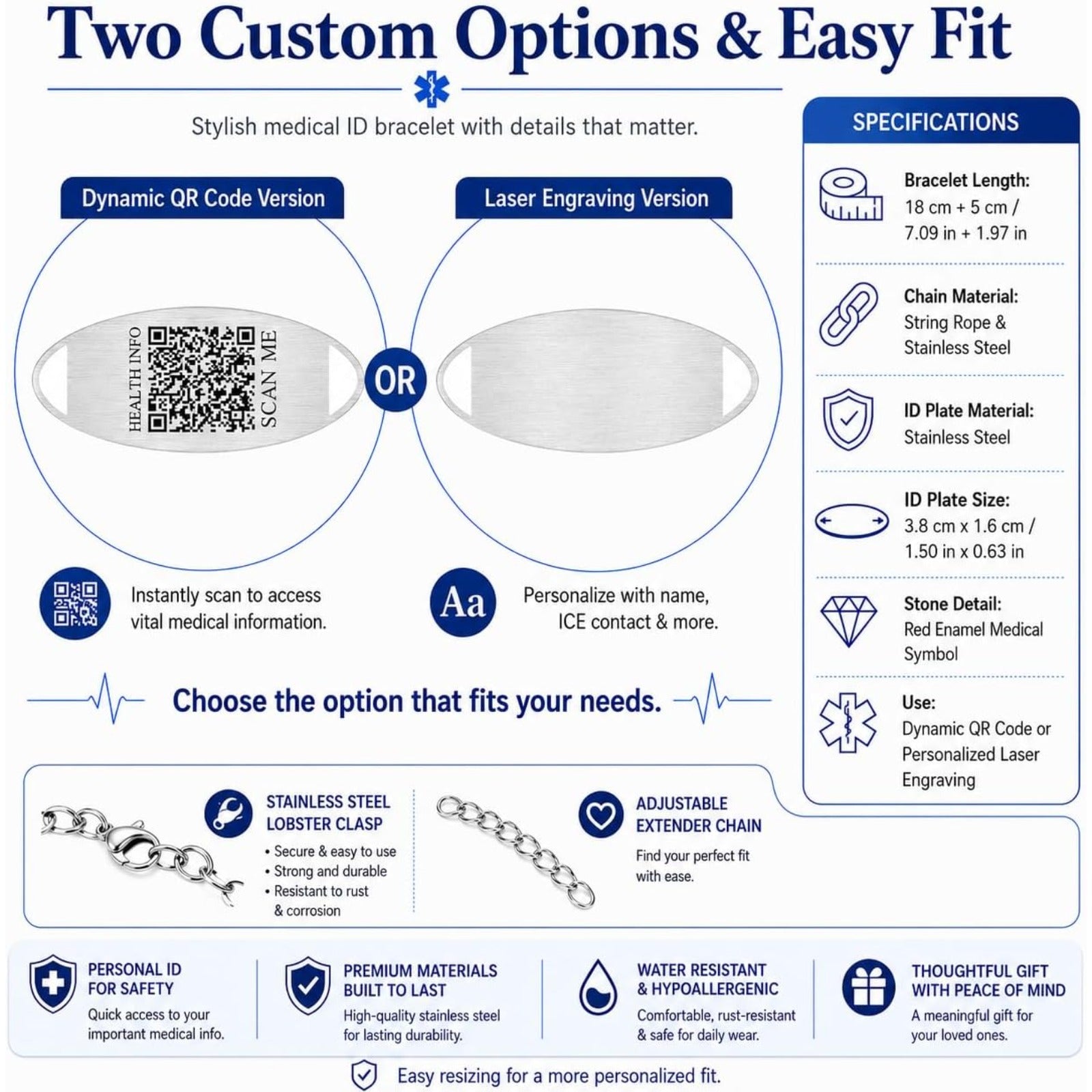 Personalized Medical Alert Bracelet | Dynamic QR Code or Custom Engraving Medical ID Jewelry | Adjustable Stainless Steel Bracelet for Women Men, Emergency Contact Information
