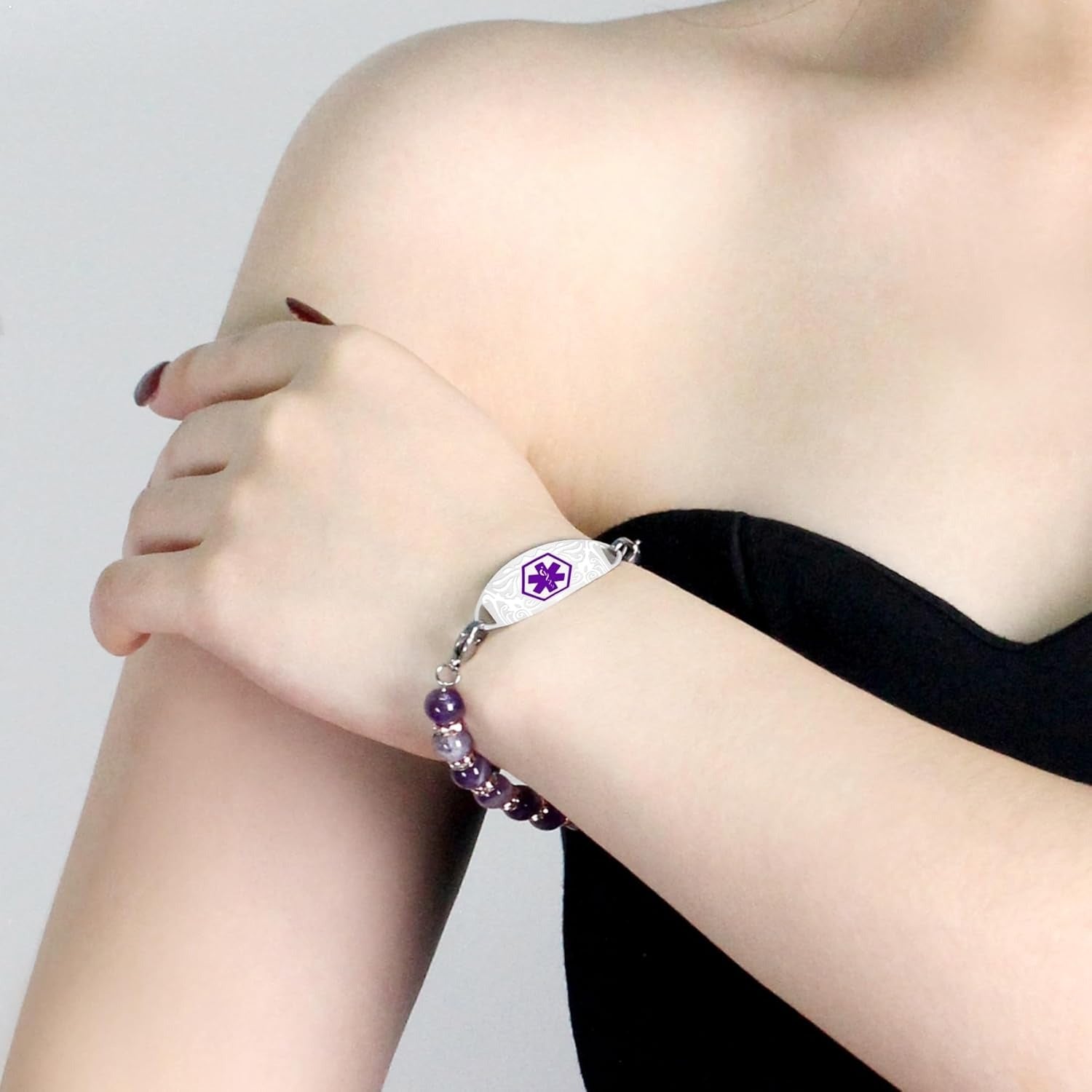 QR Code Medical Alert Bracelet for Women, Amethyst Bead Medical ID Bracelet, Stainless Steel Medical Tag, Scan to Edit Emergency Information