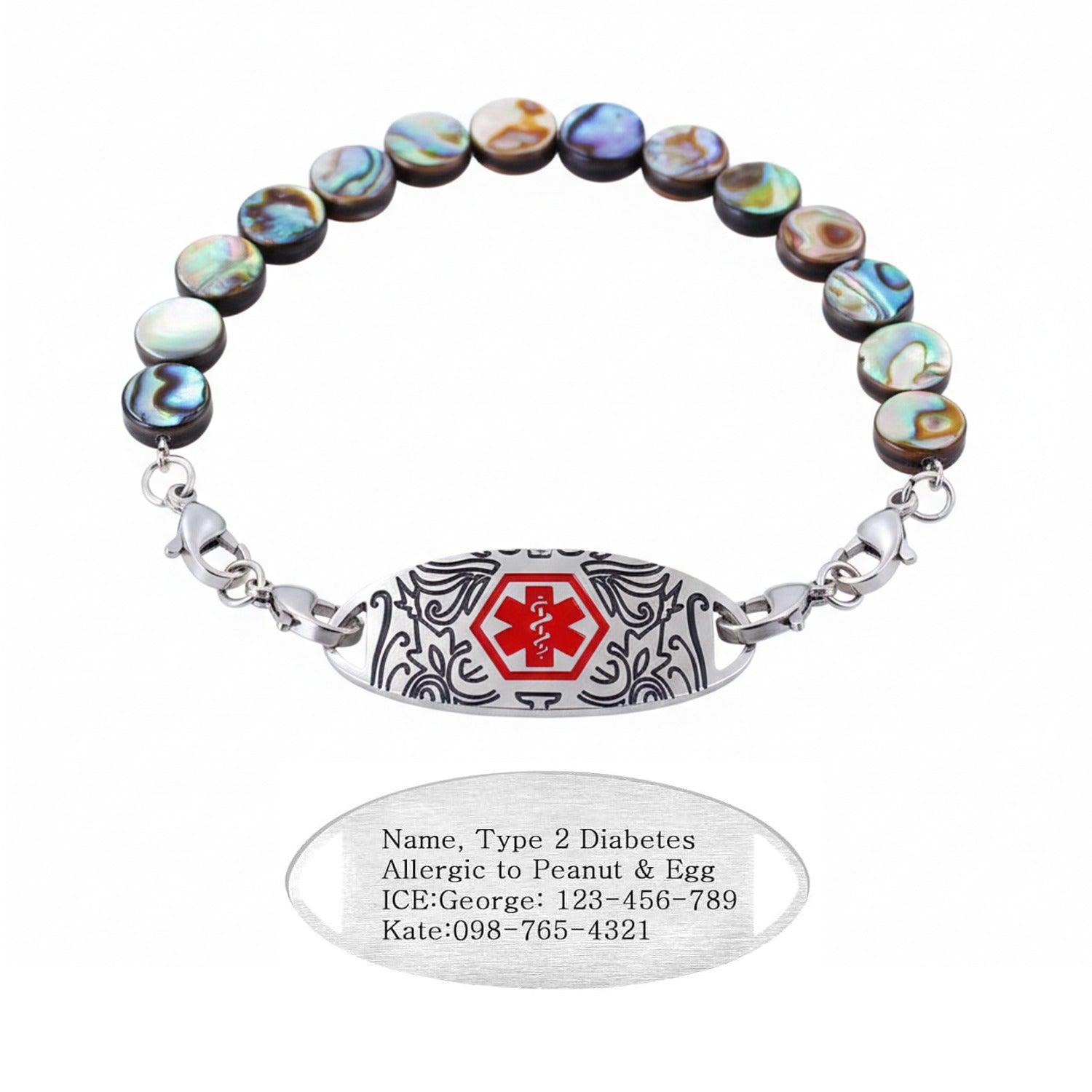 Dynamic QR Code Medical Alert Bracelet for Women | Round Abalone Shell Beads & Stainless Steel ID | Scan to Edit Emergency Info, Allergy & Diabetes ID Jewelry, Double Lobster Clasp, Adjustable